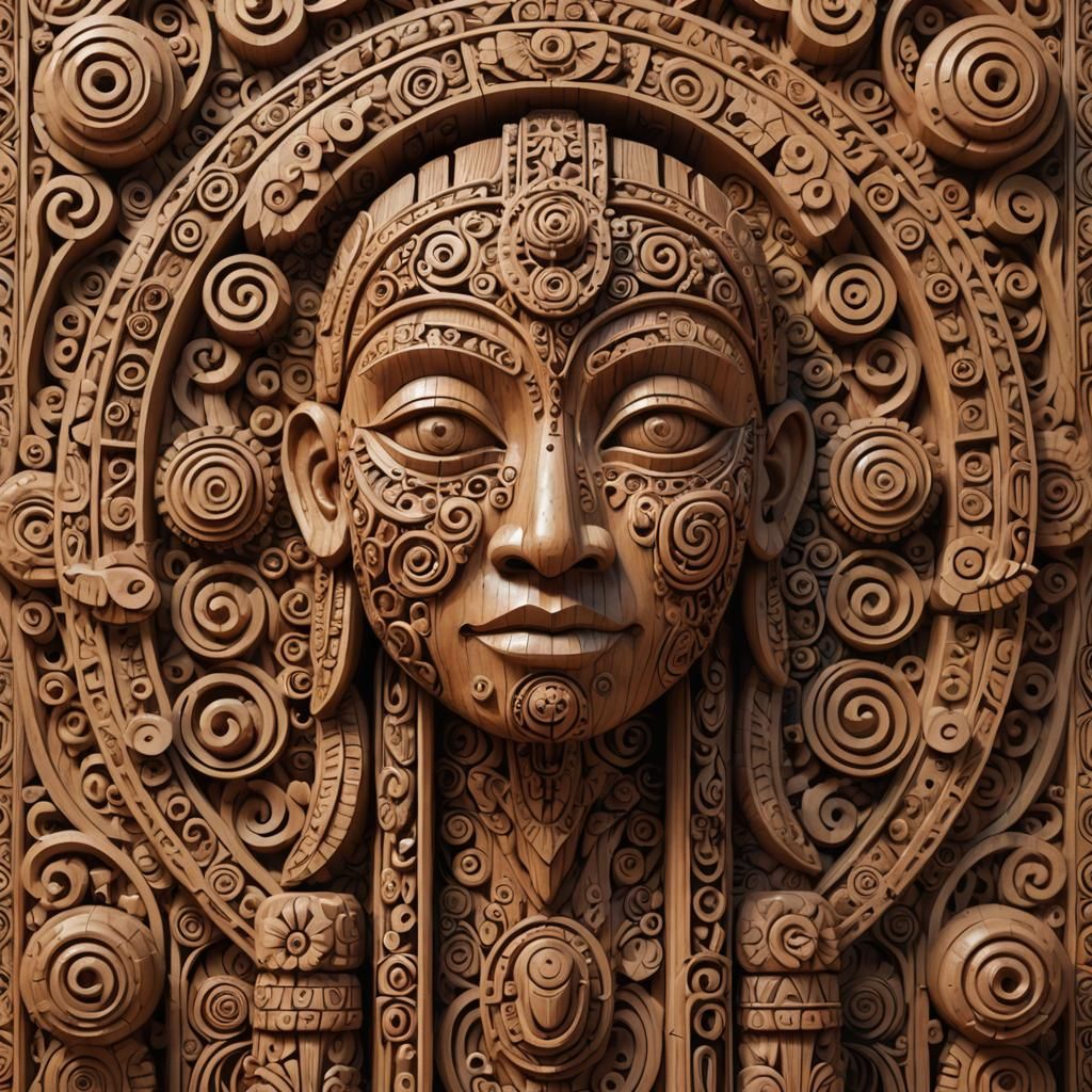 Digital Carved Wooden Totem with Ornate Background