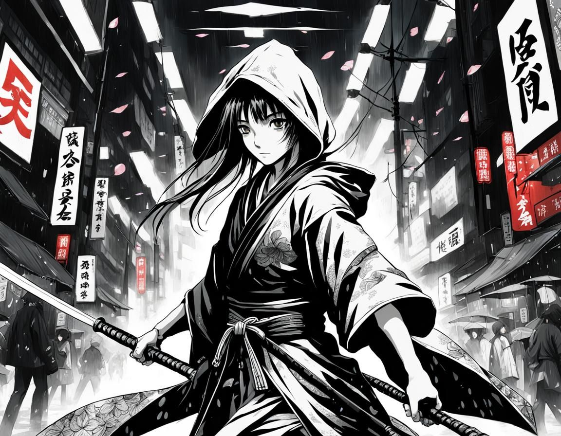 Anime Woman with Sakura Kimono in Rainy Tokyo