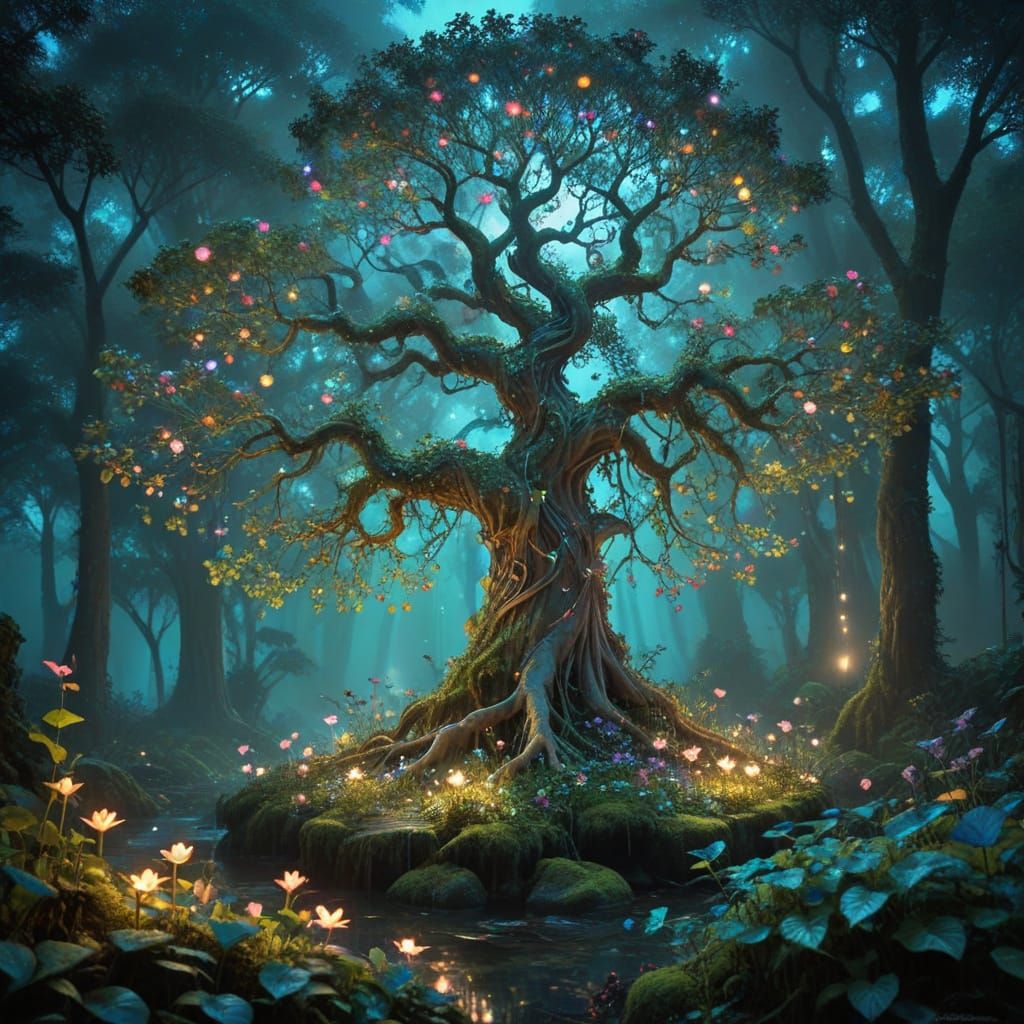 Surreal Forest Gathering in Vibrant Harmony