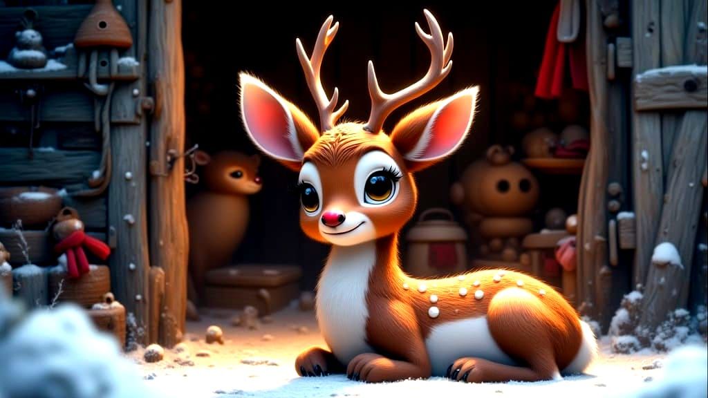 Cute Baby Rudolph Reindeer in Snowy Stable Scene