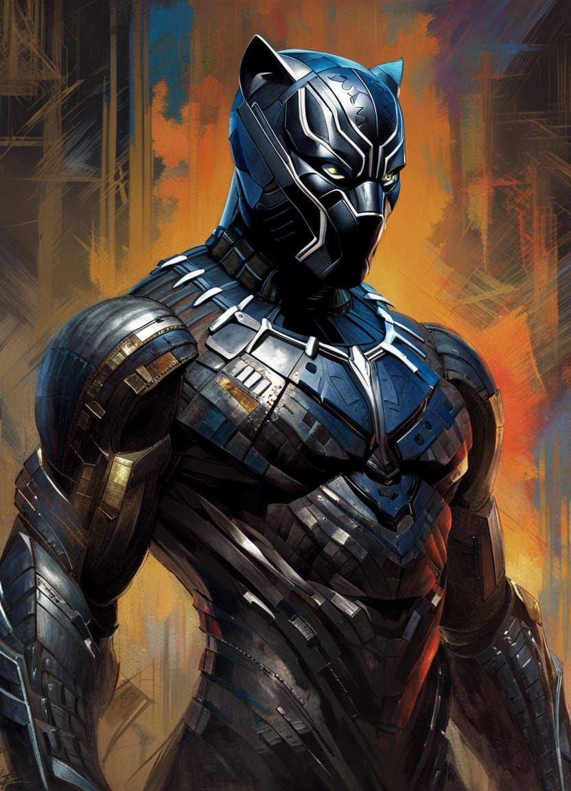 Cyborg Black Panther Portrait in Tempera Style