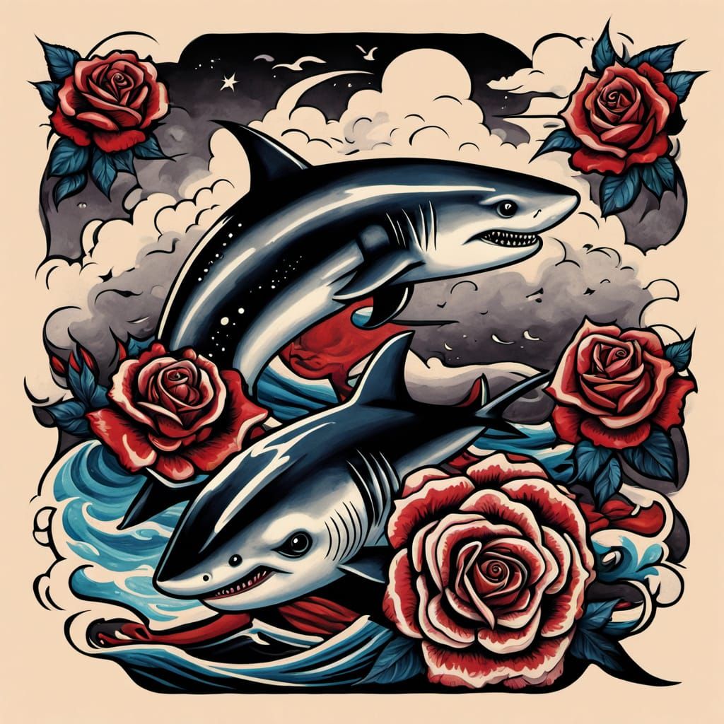 Traditional Tattoo Art: Hammerhead Shark and Roses