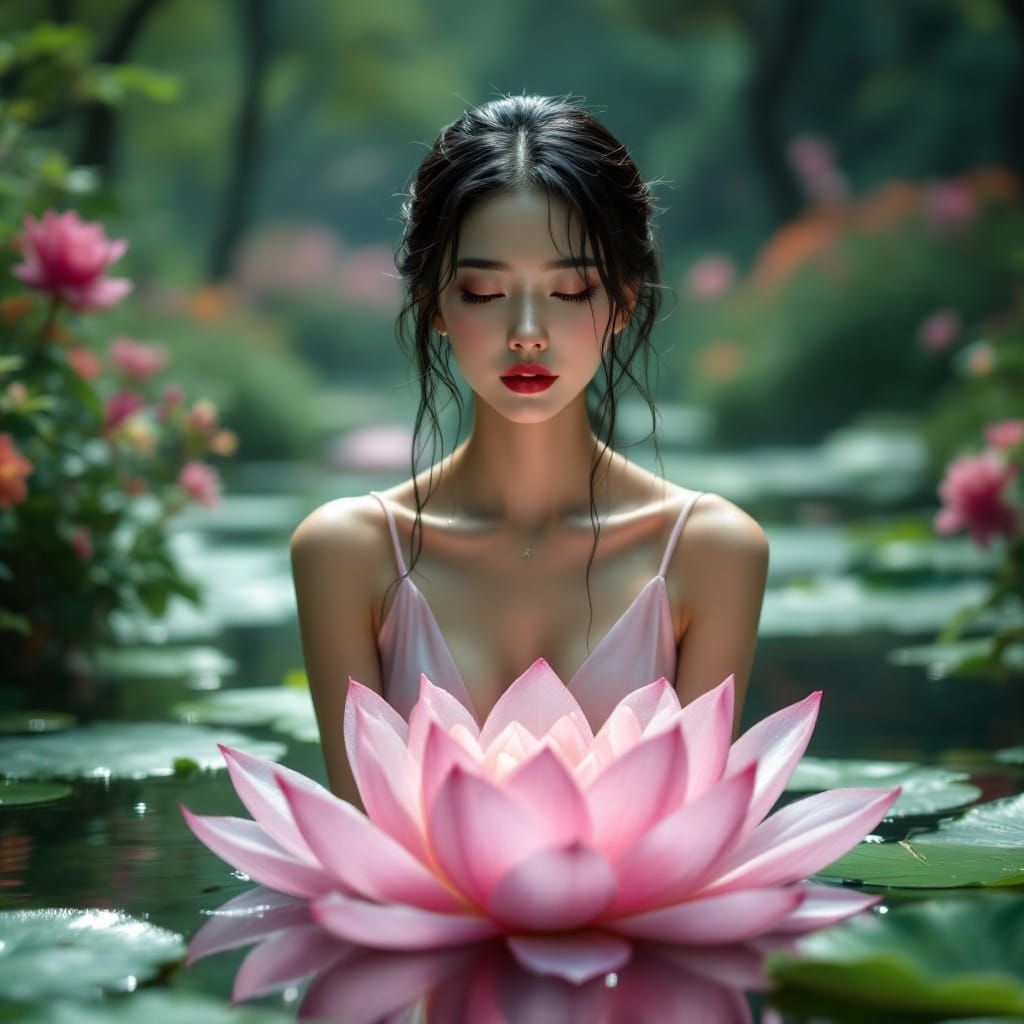 Ethereal Asian Goddess Emerging from Serene Pond