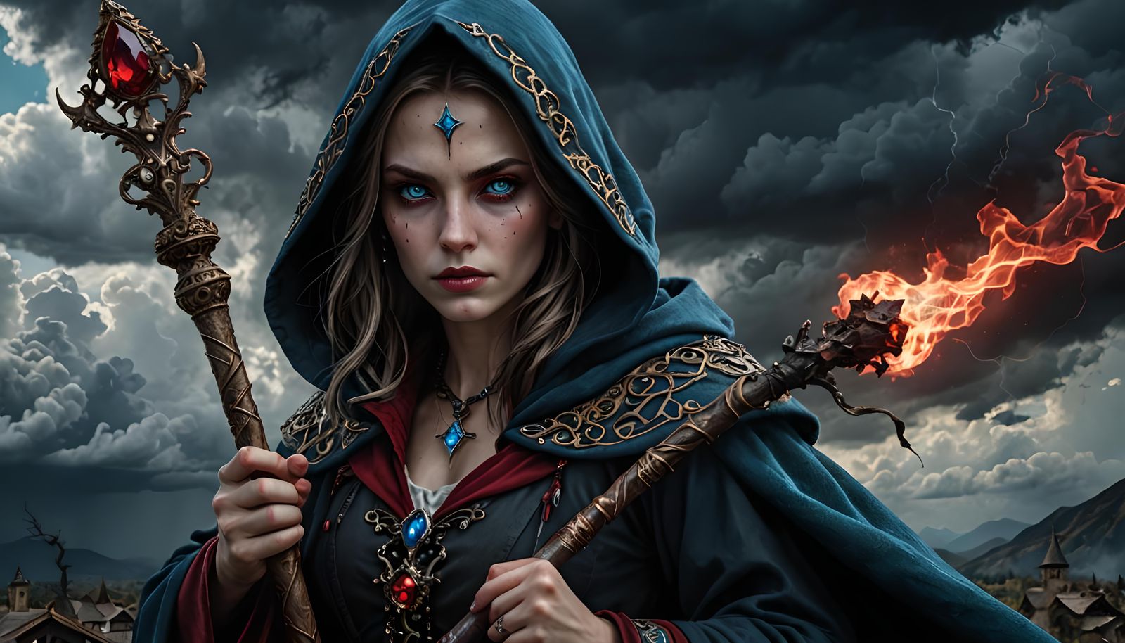 Hooded Witch with Ruby Staff in a Dark Sky