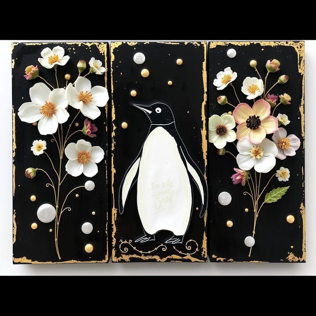 Triptych with Pressed Flowers, Gold Wire, and Penguin