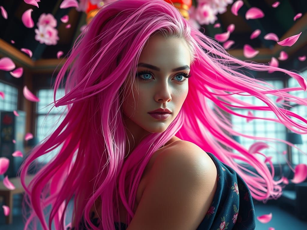 Elegant Woman in Vaporwave Dojo with Cherry Blossoms