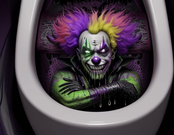 Distorted Clown on Toilet: Nightmarish Digital Art