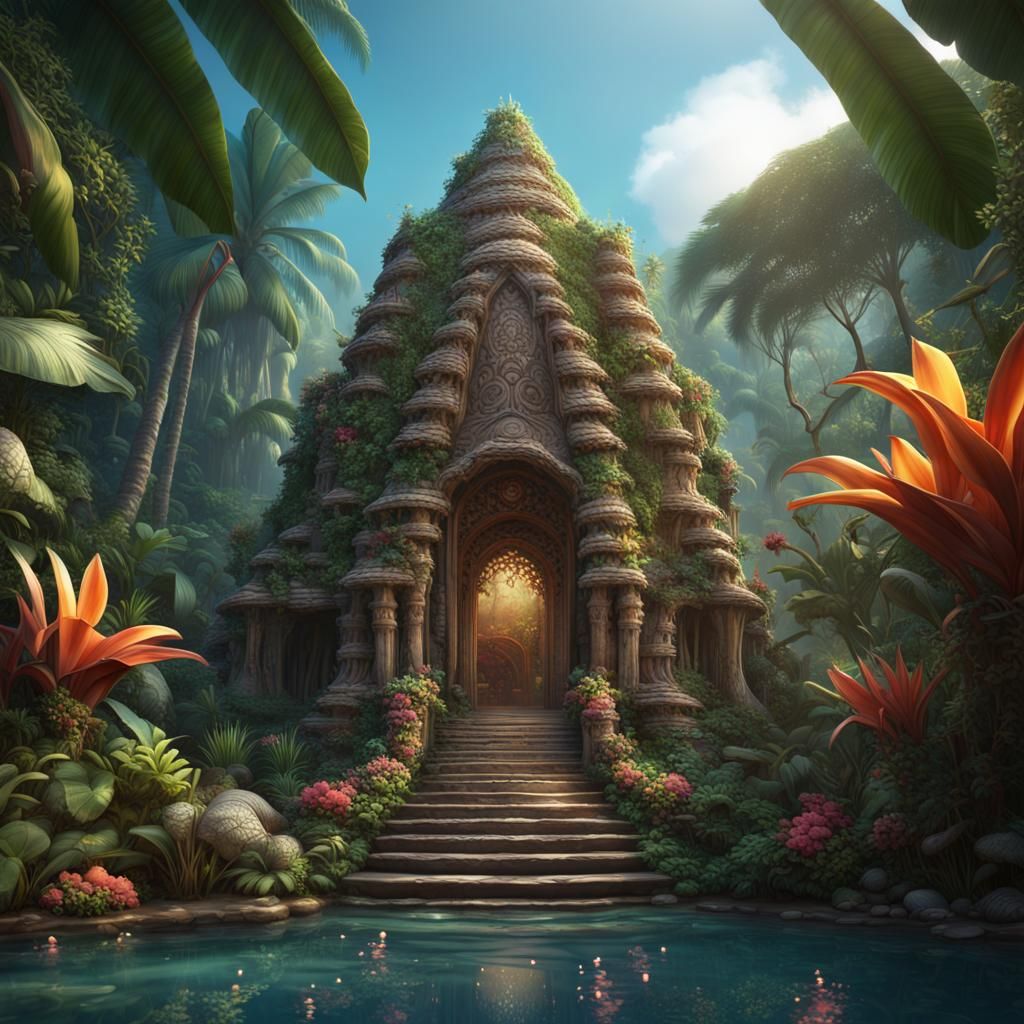 Seashell Temple in Tropical Jungle Art