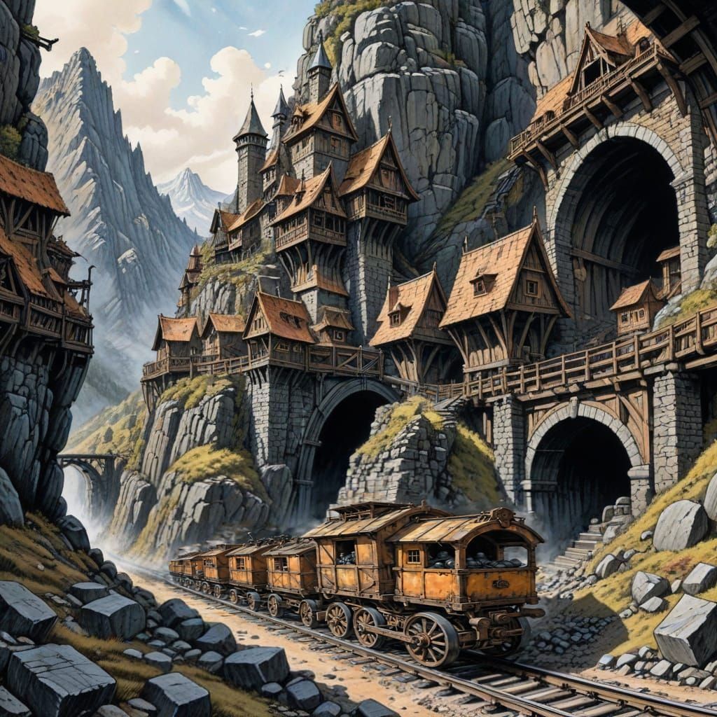 Victorian Era Dwarven Train Enters Mountain Tunnel