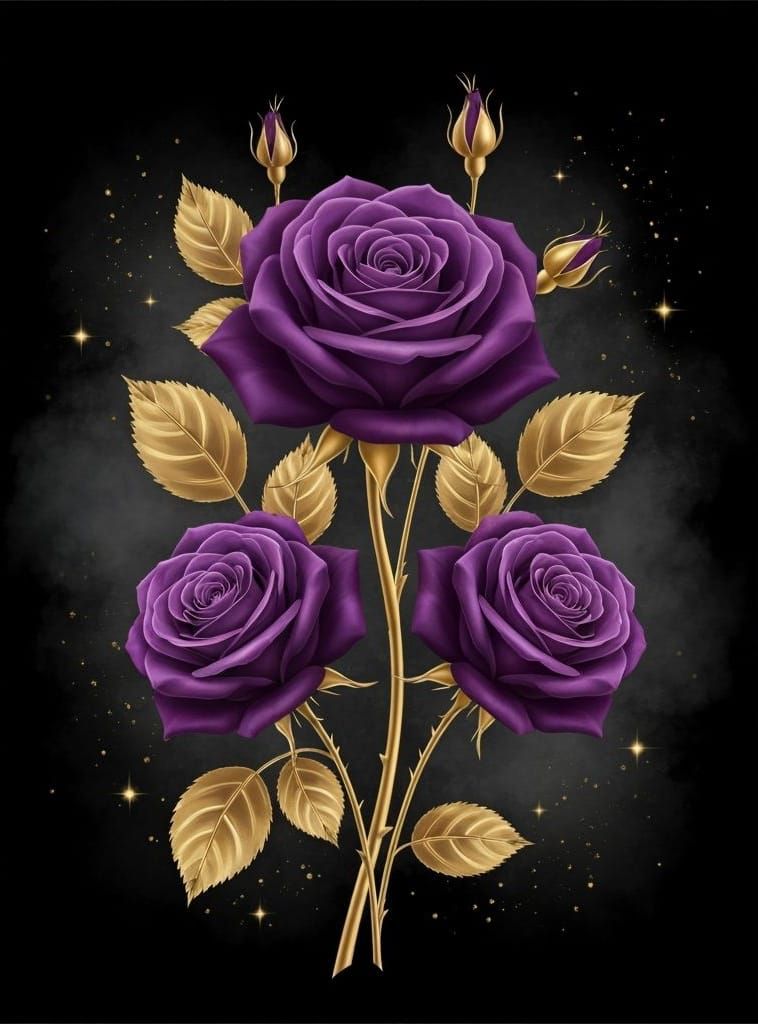 Luxurious Dark Purple Roses with Gold Accents