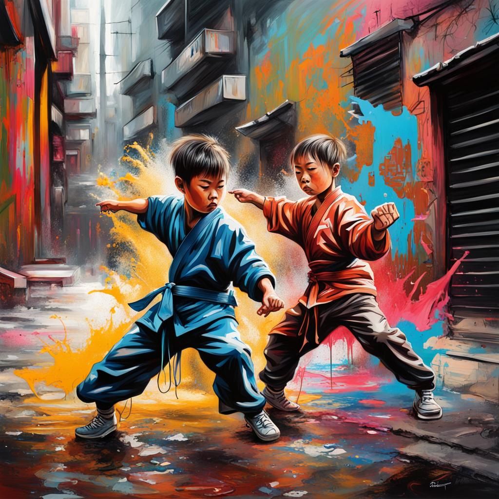 Colorful Kung Fu Kids Graffiti Art