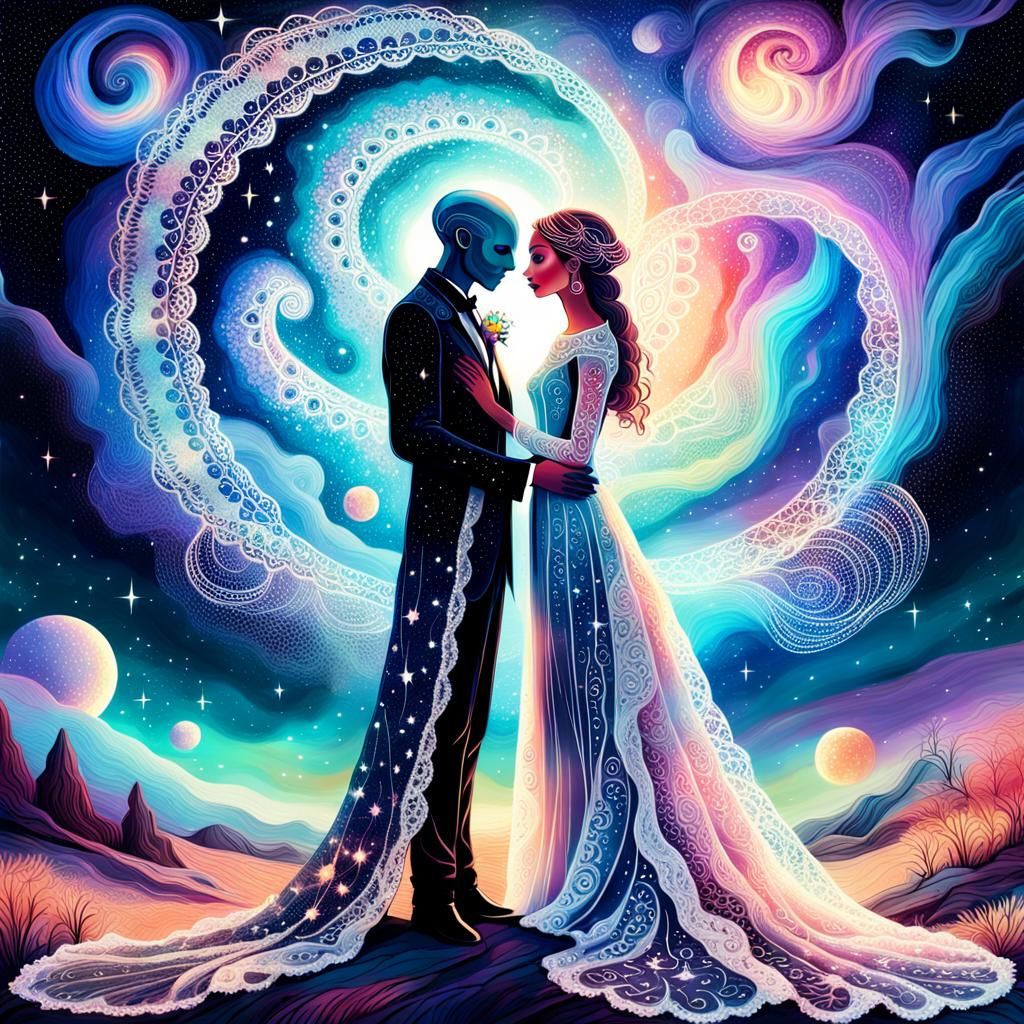 Cosmic Alien Wedding: Astral Illustration in Pastel Colors