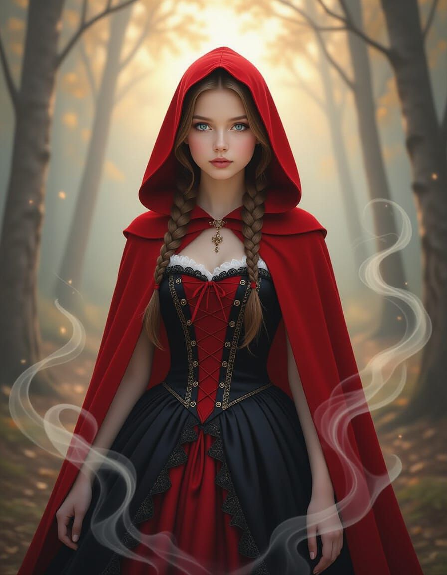 Enchanted Girl in Red Hooded Cape in Misty Woodland