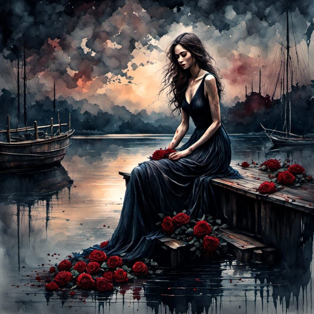 Woman with Roses at Night in Watercolor Style