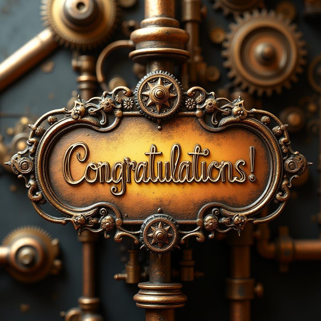 Steampunk Celebration Sign with Intricate Gears and Copper F...