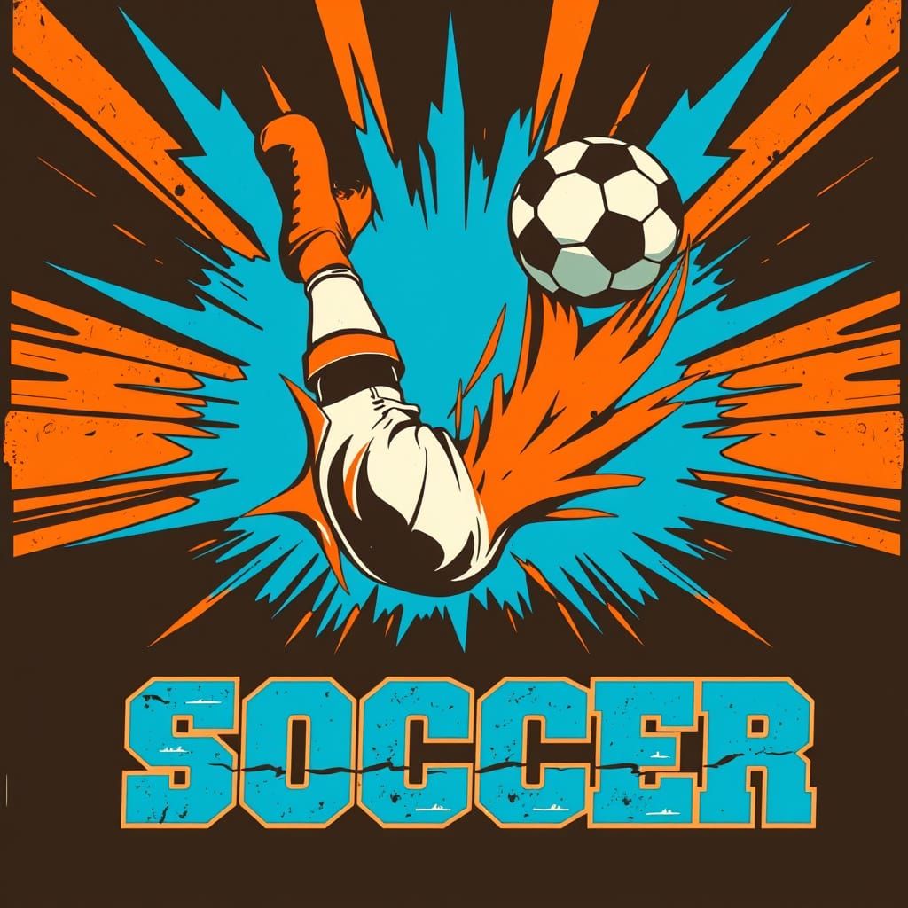 Dynamic Soccer Kick Poster in 1970s Style