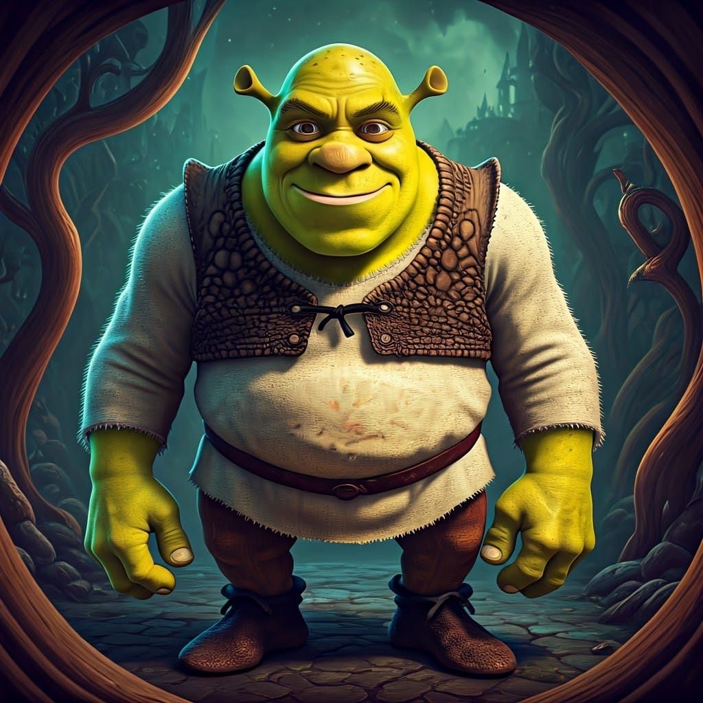 Shrek and Minion Mashup in Fantasy Landscape