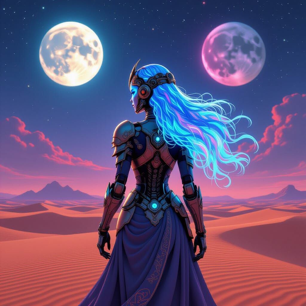 Cyborg Princess in Alien Desert: Steampunk Astral Art