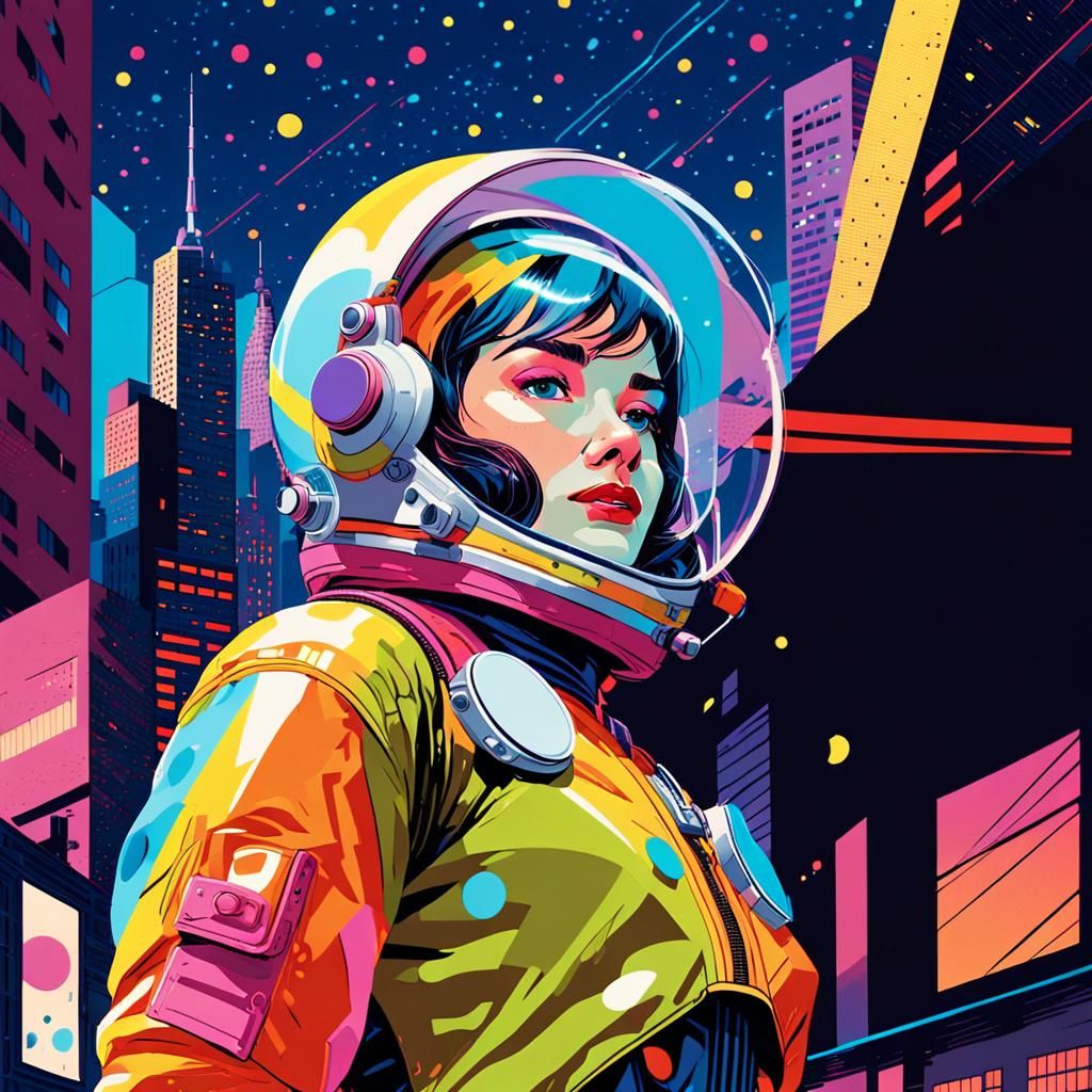 Colorful Female Astronaut in Pop Art Cityscape