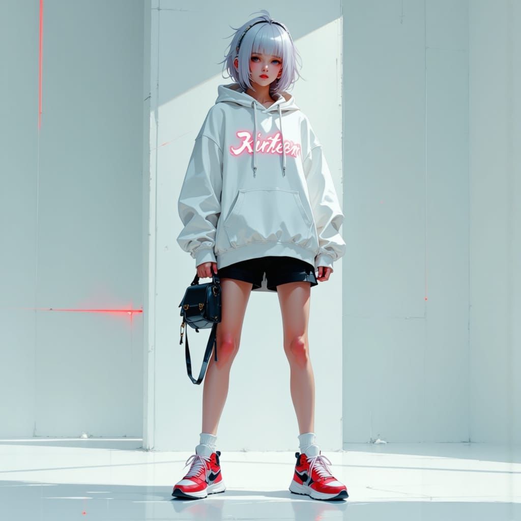 Confident Woman in Futuristic Studio, Digital Art