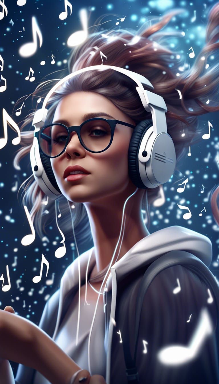 Hipster Girl Listening to Music in Detailed Matte Painting