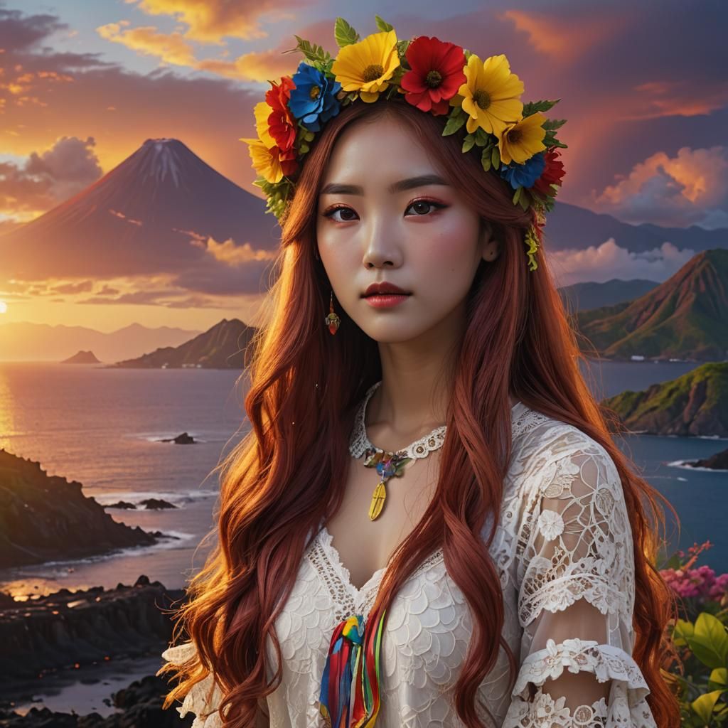 Red Haired Woman with Wreath at Sunrise