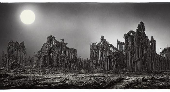 Skeleton Cellist in Ruined City by Moonlight