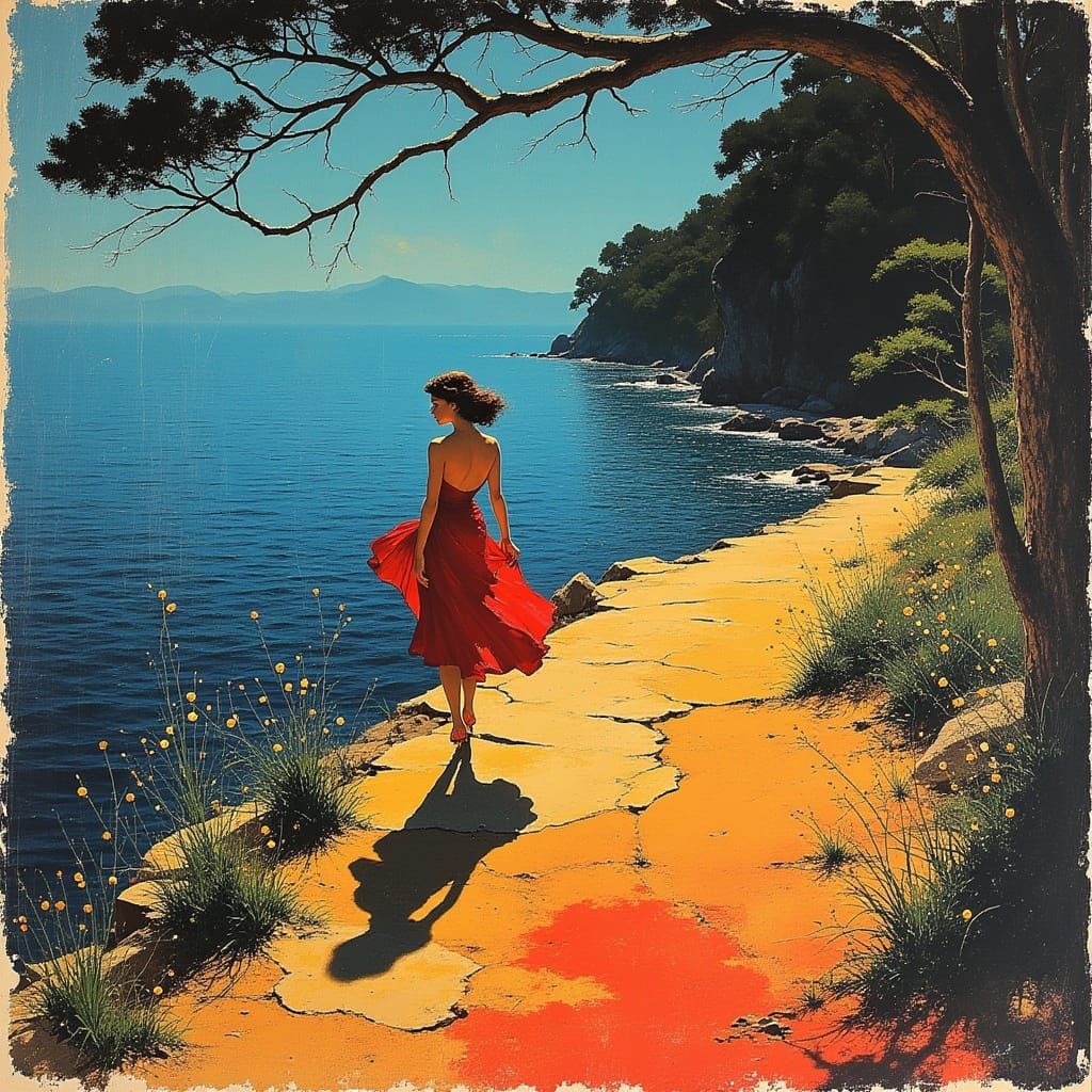 Woman in Red Dress on Misty Seacoast at Dawn