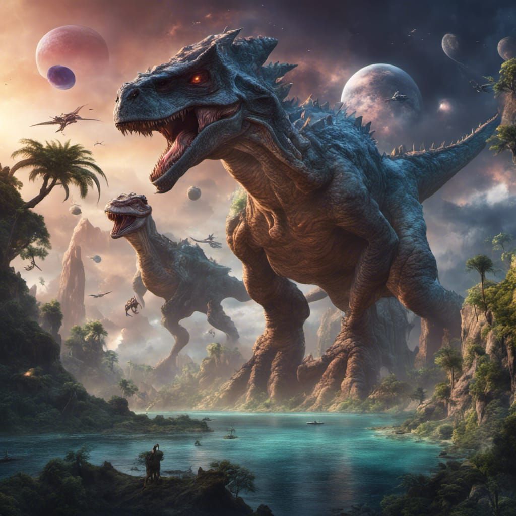 Epic Space Battle: Alien vs Dinosaurs on Floating Islands