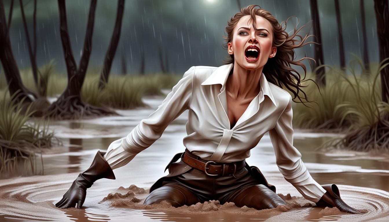 Woman Sinking in Quicksand in Hyperrealistic Style