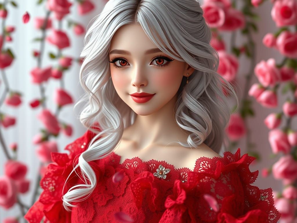 Elegant Red Beauty in a Lavish Gown with Wavy Silver Hair