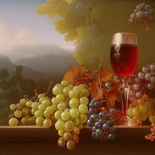 Botanical Still Life with Sparkling Wine, Detailed Matte Pai...