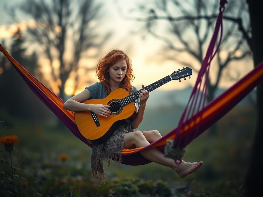 Celtic Woman Plays Guitar at Dawn, Hyperdetailed