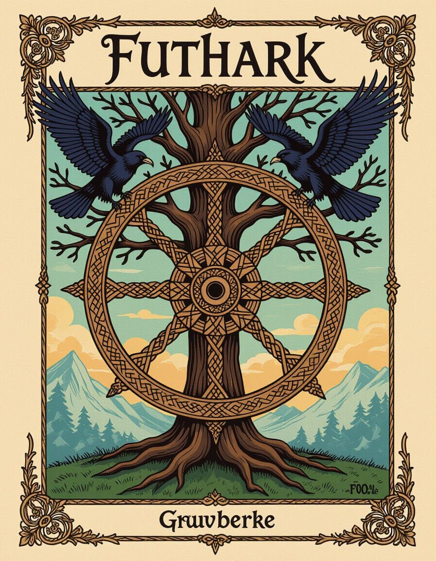 Yggdrasill and Runic Wheel in Norse Style