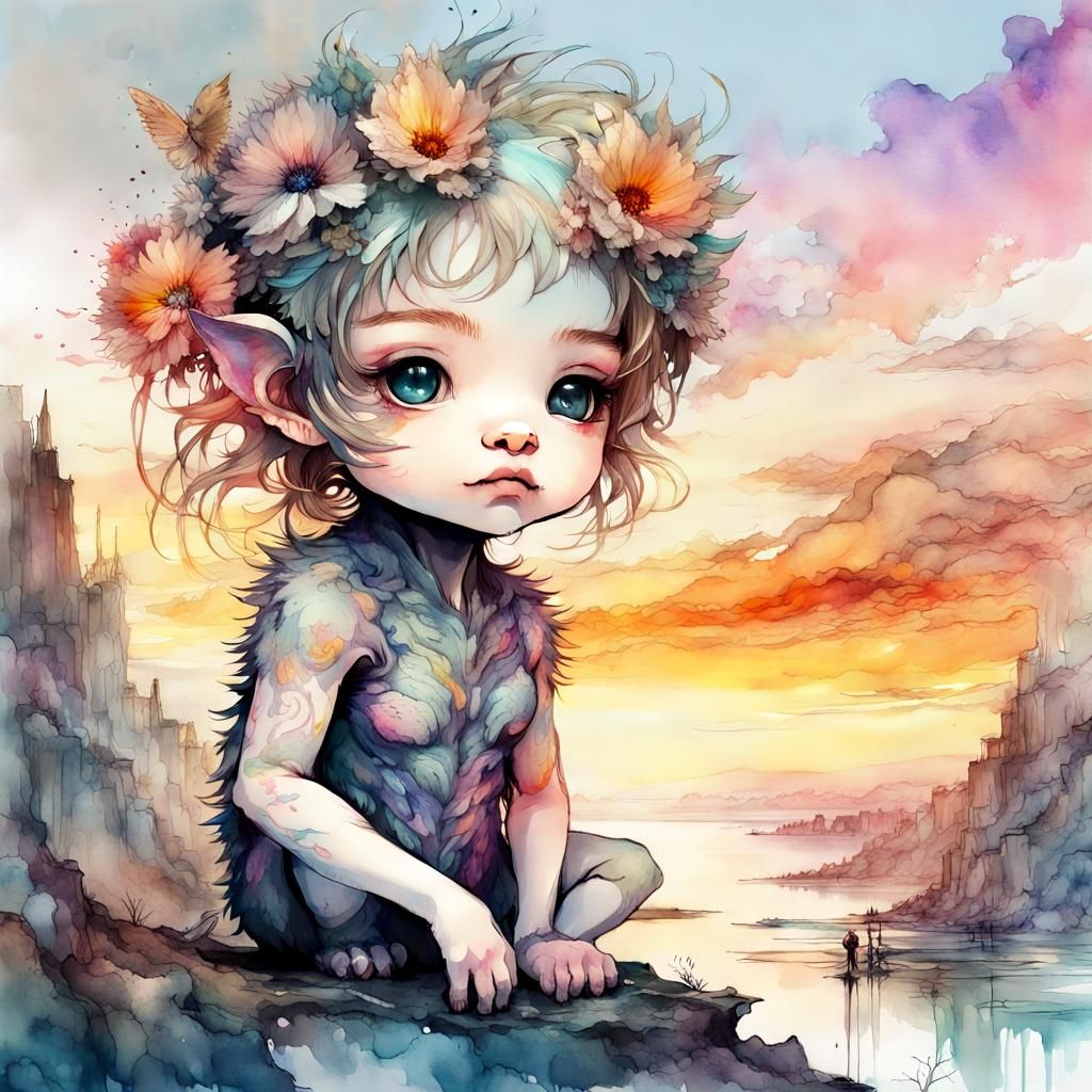 Cute Chibi Chimera in Digital Watercolor