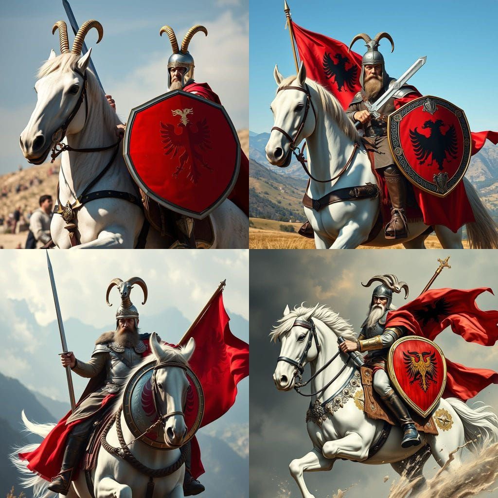Albanian Hero on White Horse with Sword and Shield