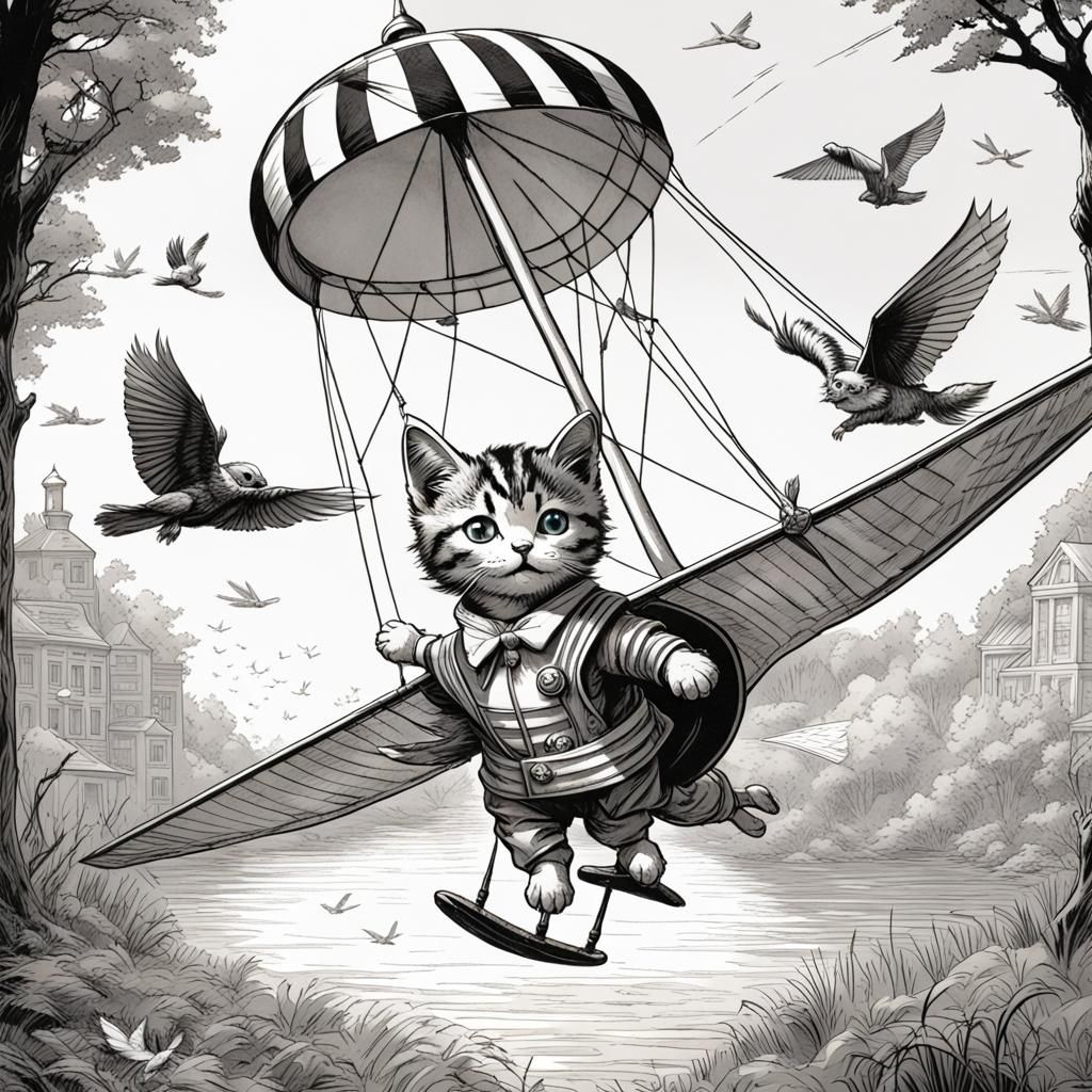 Tabby Kitten in Sailor Suit with Ornithopter Drawing