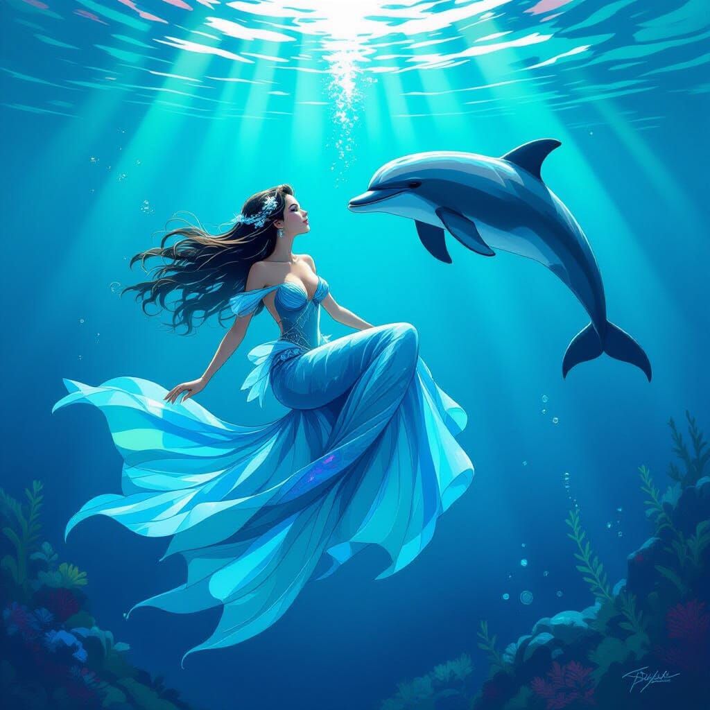 Mermaid and Dolphin in Underwater Scene