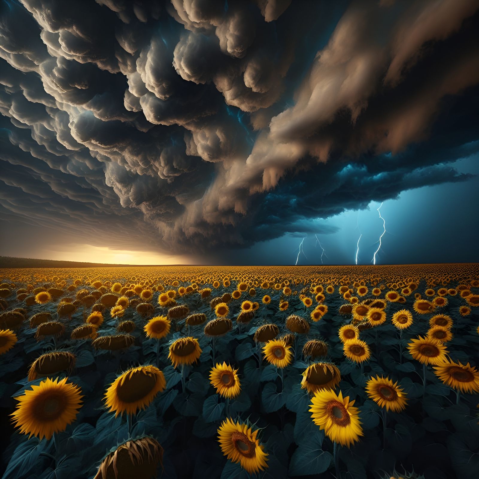 Sunflower Field Under Stormy Sky: Nature's Dichotomy