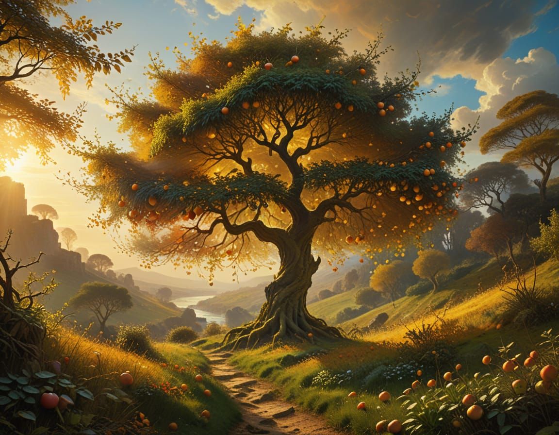 Magical tree with glowing leaves with Mythological surrealism.  golden apples hanging in a lush, vibrant paradise. Mediu...