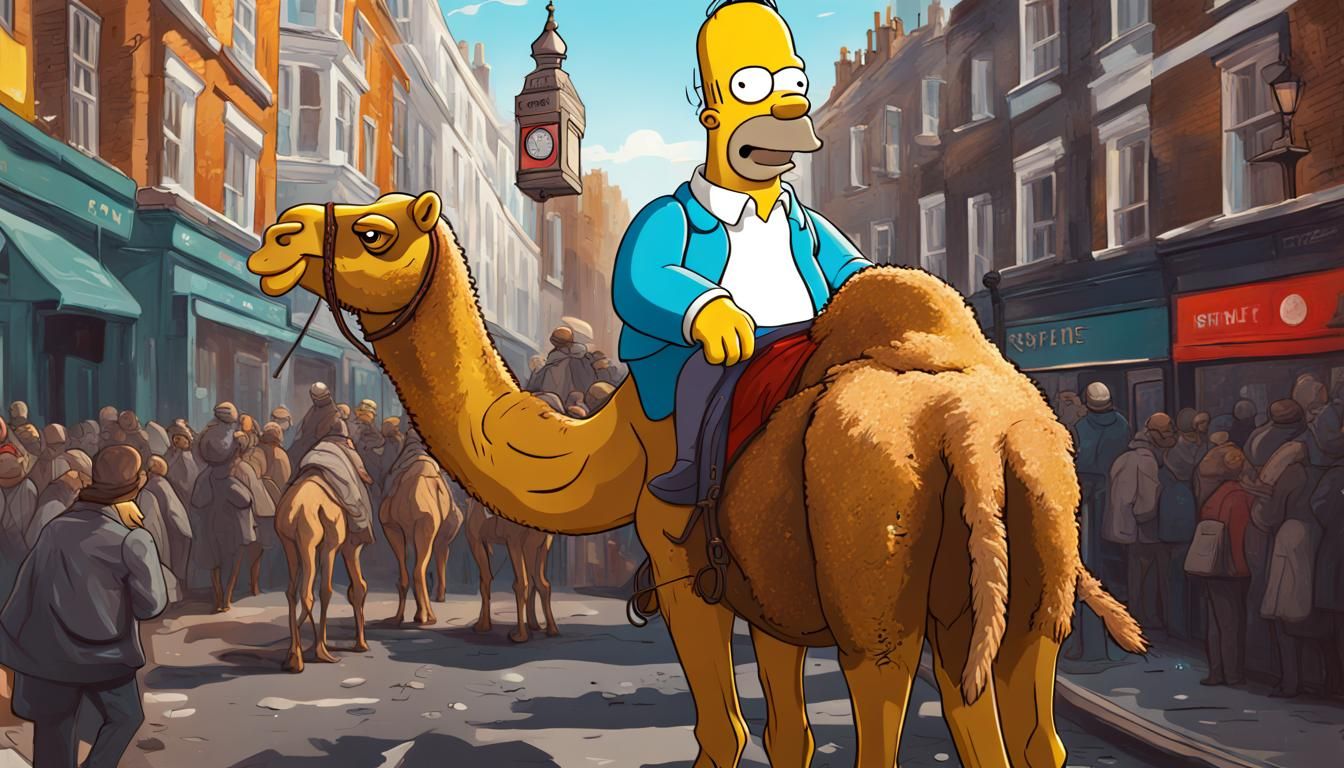 Homer Simpson's London Camel Ride: Hyperrealistic Art