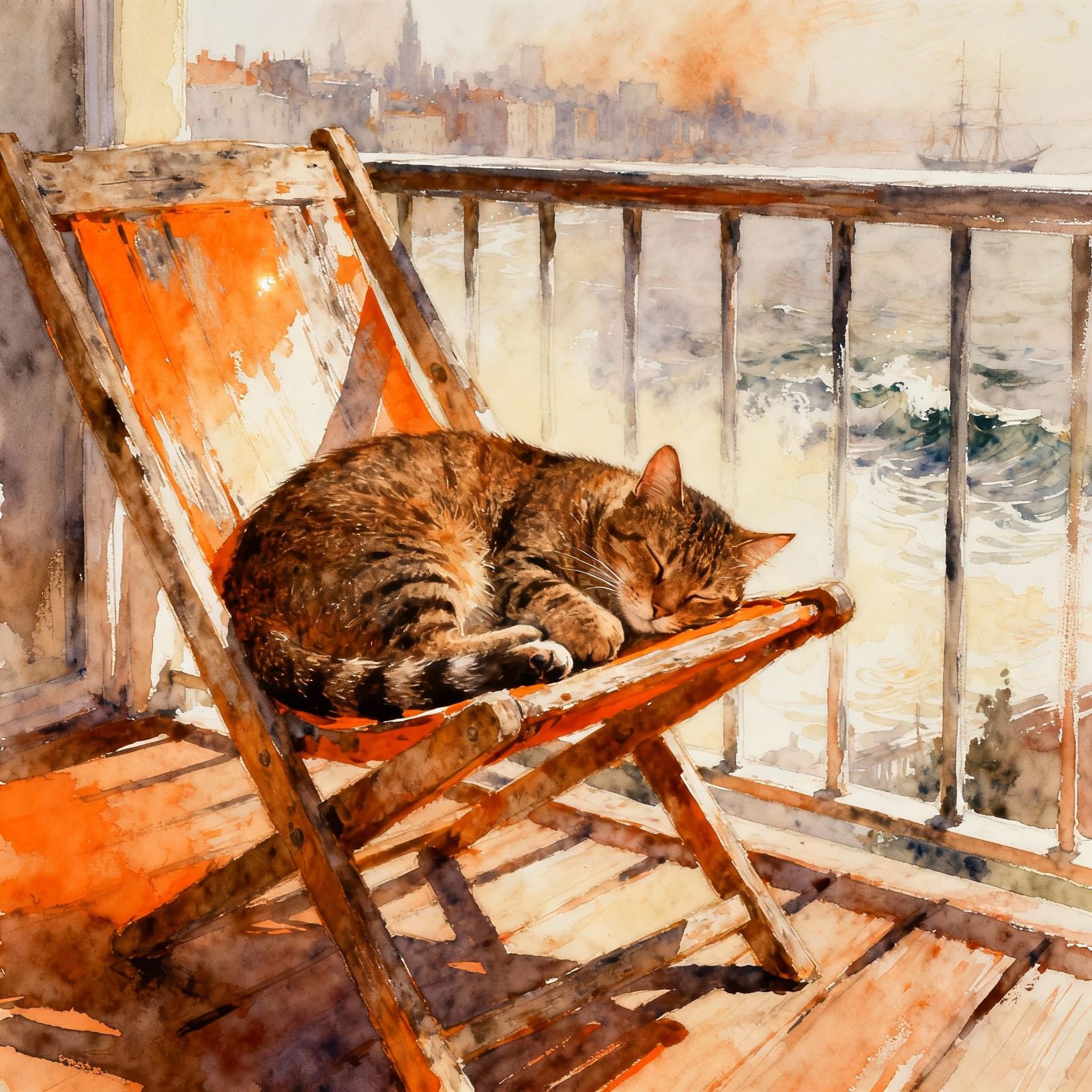 Tabby Cat Sleeping in Soft Light on Balcony