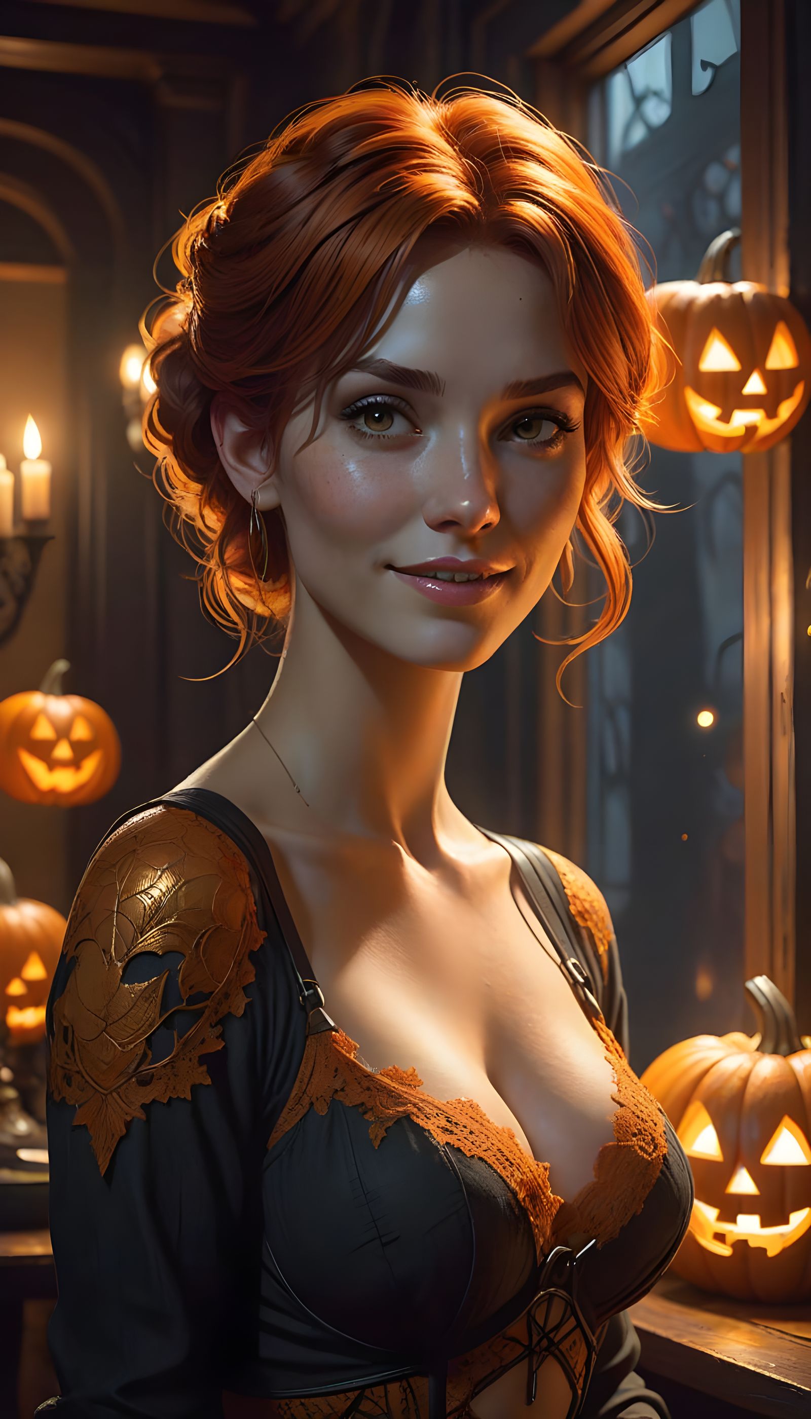 Young Woman in Halloween Apartment Ambiance