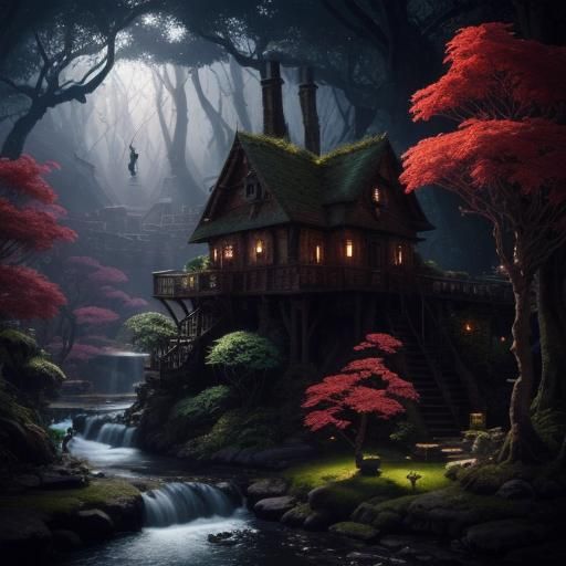 Enchanted Forest Urban Sketch with Fantasy Village