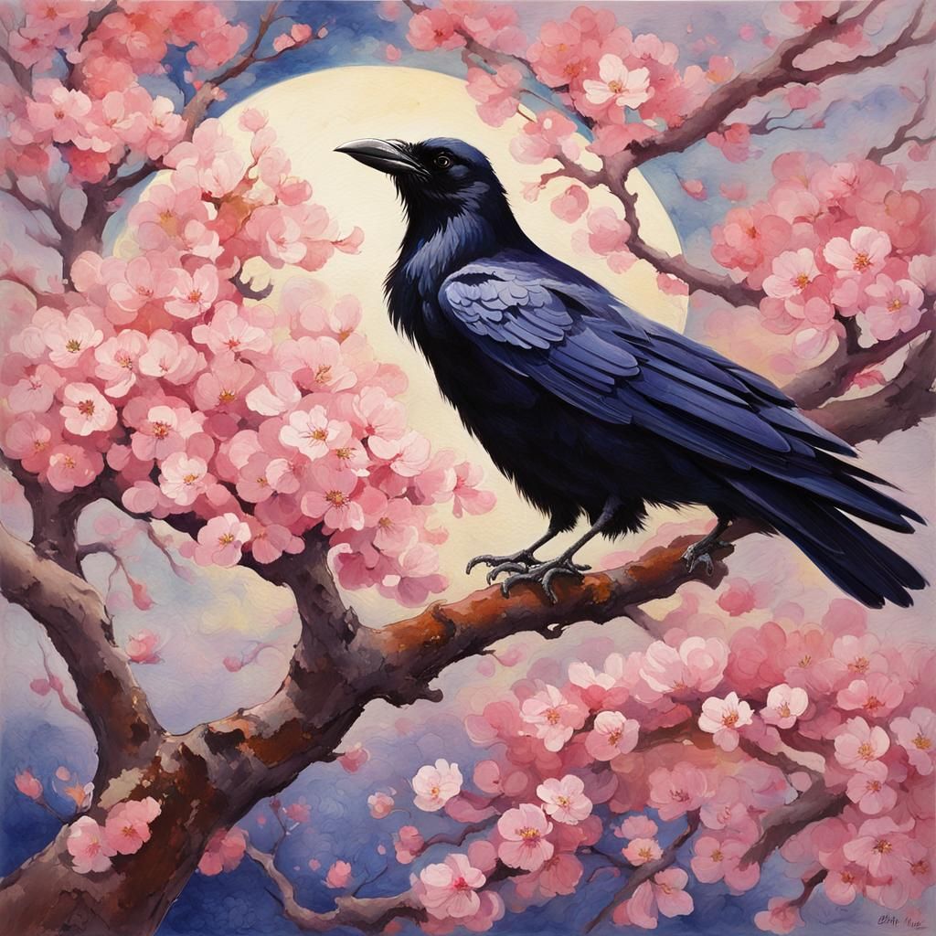 Raven in Cherry Blossom Tree, Gouache Style