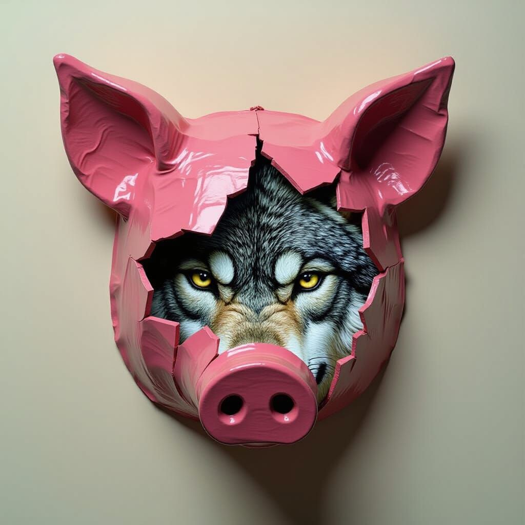 a paper mache pig mask that has a tear that reveals a realis...