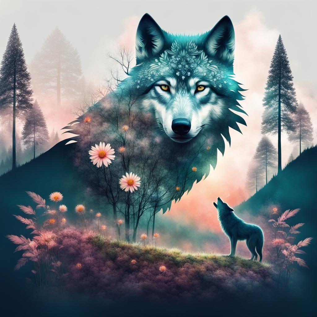 Fantastical Flower Wolf Double Exposure Artwork