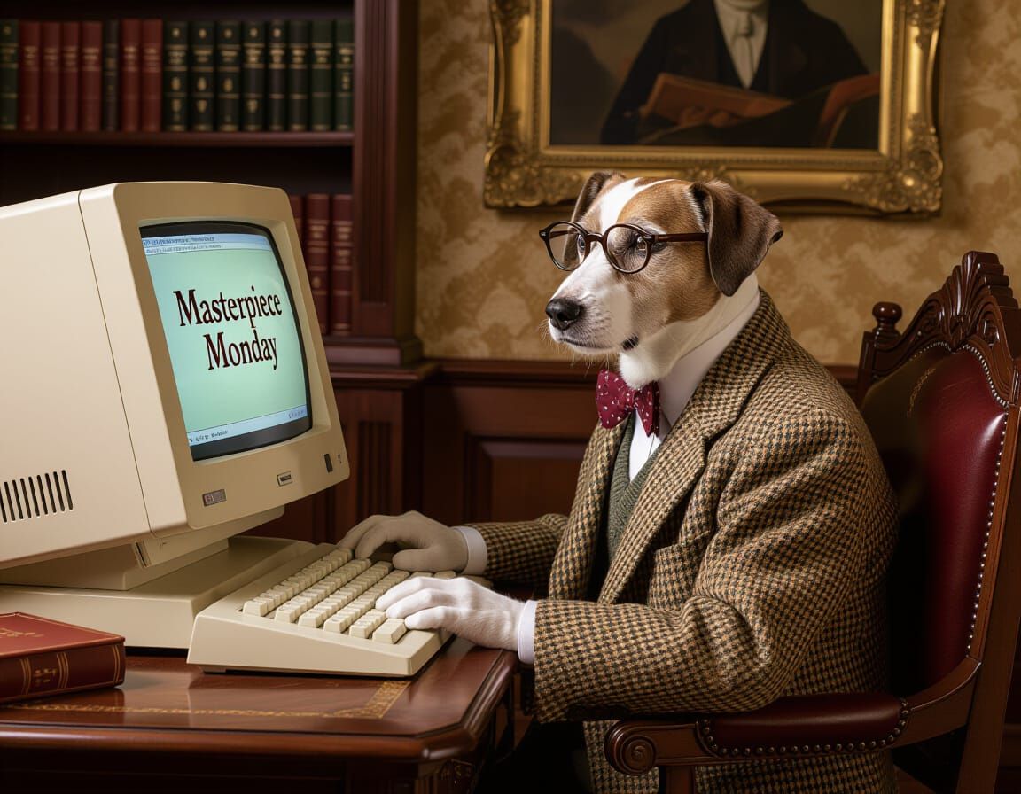 Elderly Canine at Computer, Oil Painting Style