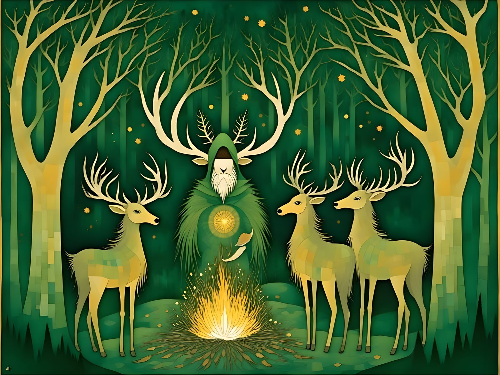 Pagan Priests Dance with Horned God Cernunnos in Moonlit For...