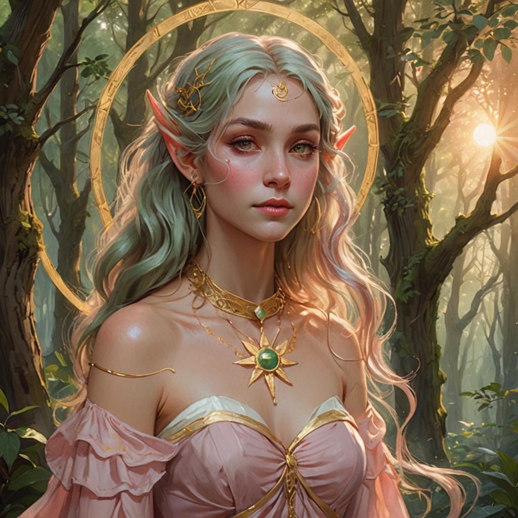 Enchanting Elf Portrait with Gold Sun Jewelry